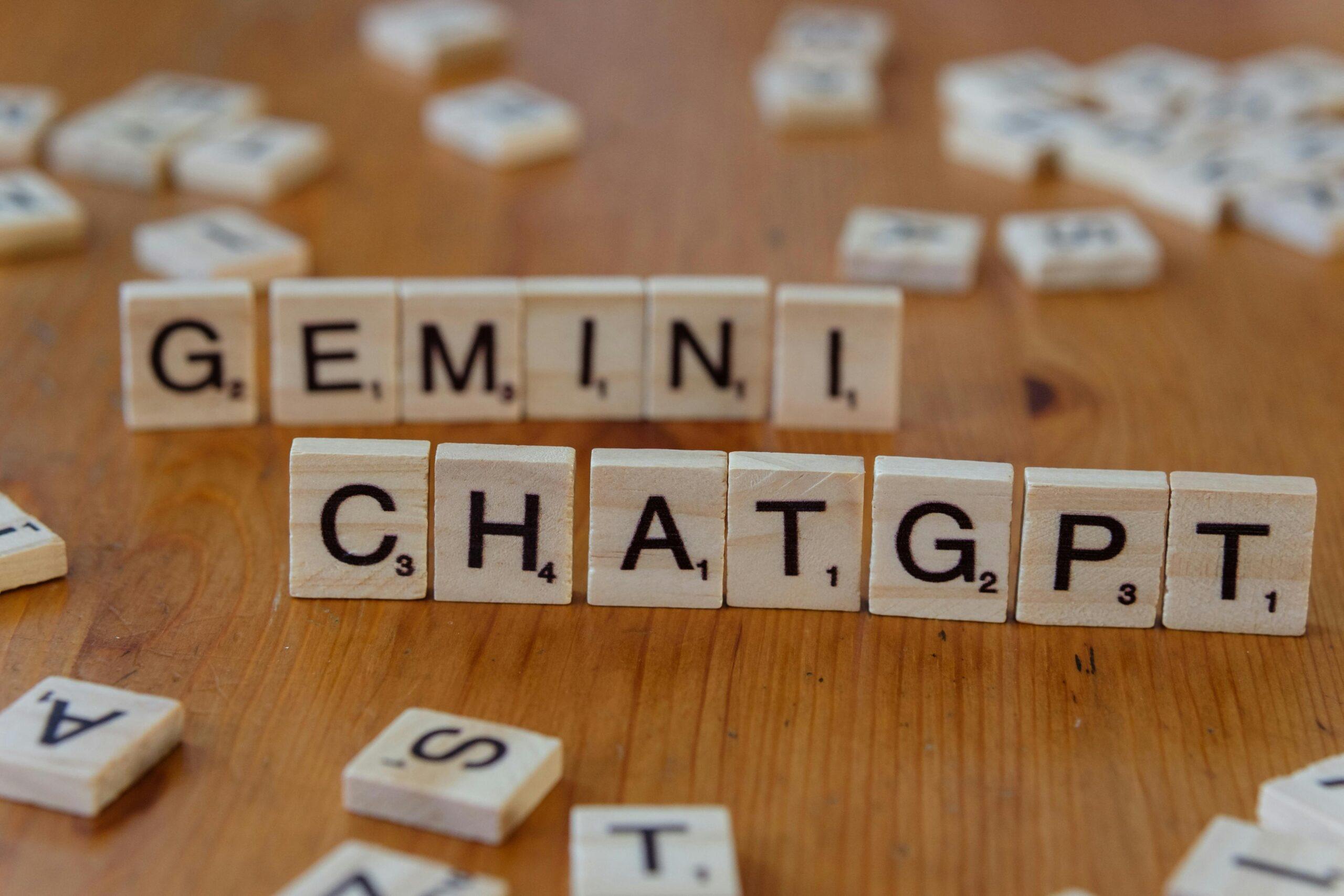 scrabble tiles spelling chatgpt and gemini representing artificial intelligence tools and business productivity growth